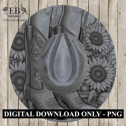 Cowgirl Boots & Sunflowers 7 Hat Burning Design, Western Brim PNG PDF Template, Digital Laser Design, Wide Brim Faux Suede Hat, EB631