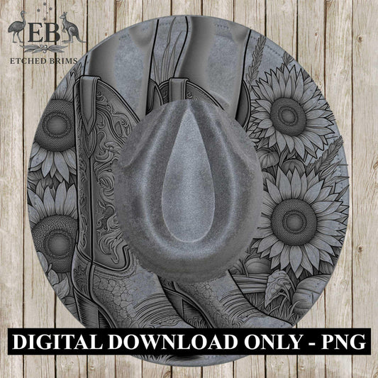 Cowgirl Boots & Sunflowers 7 Hat Burning Design, Western Brim PNG PDF Template, Digital Laser Design, Wide Brim Faux Suede Hat, EB631