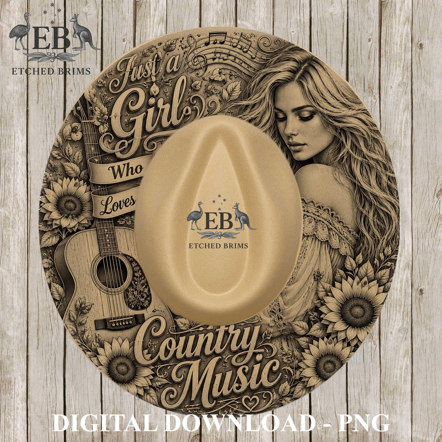 Just A Girl Who Loves Country Music, Hat Burning Template, Wide Brim Laser Hat Engraving Design, Printable Stencil, EB1285