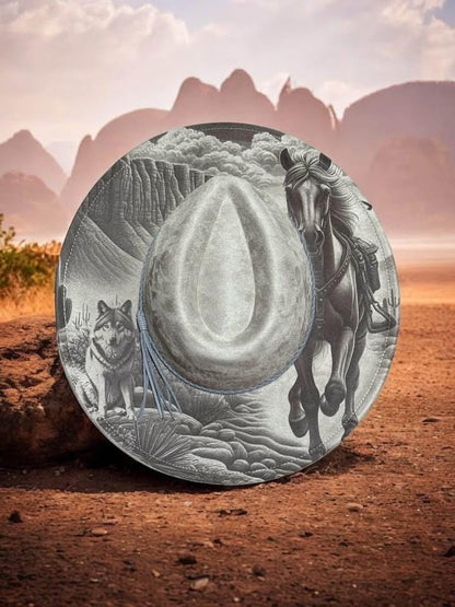 The Desert Spirit – Laser Engraved Horse & Wolf Brim Hat, Wide Brim Hat, Vegan Suede Fedora Hat, Laser Engraved, Burned Fedora