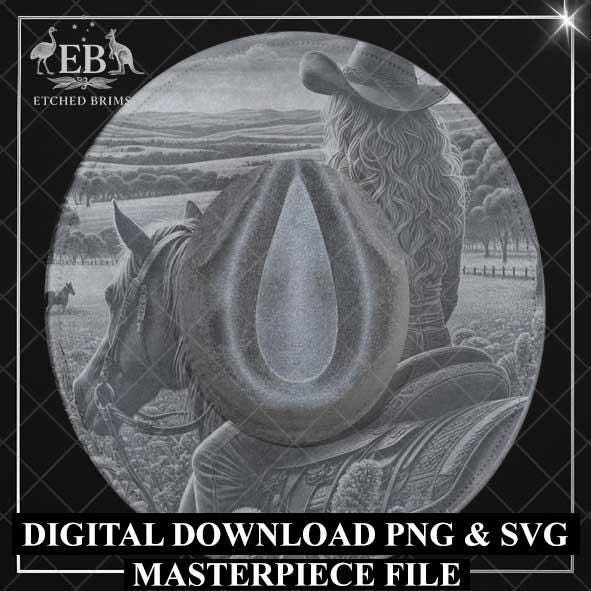 Cowgirl & Horse Wide Brim Hat Design, Laser Hat Burning Design, Digital Download PNG and SVG, Hat Burning Template, Cowgirl Hat, EBM03