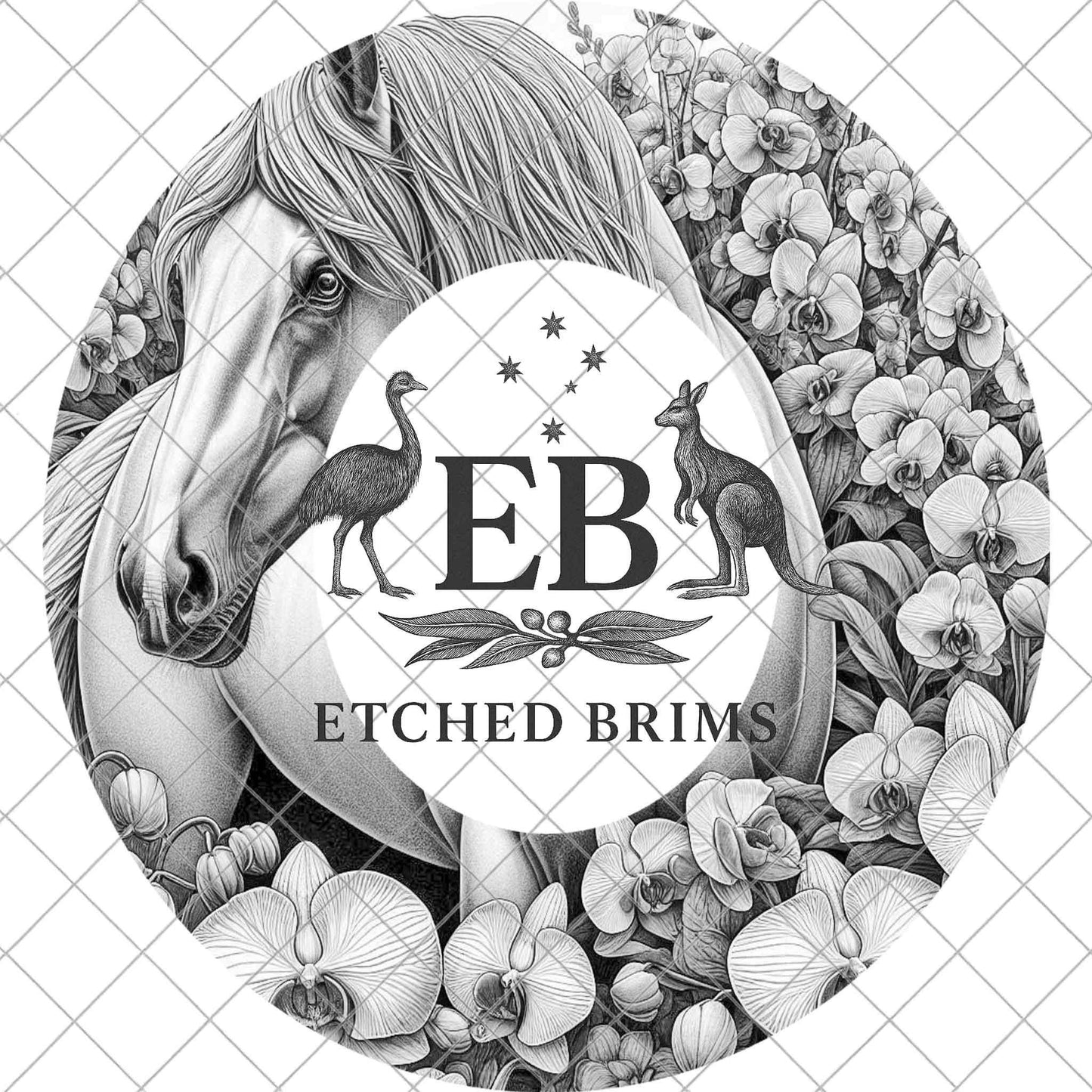 Horse & Orchid Flowers, Hat Burning Template for Wide Brim Hats. PNG for Laser Engraving and PDF Burning Stencil for Hand Burning, EB868