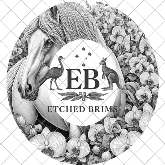 Horse & Orchid Flowers, Hat Burning Template for Wide Brim Hats. PNG for Laser Engraving and PDF Burning Stencil for Hand Burning, EB868