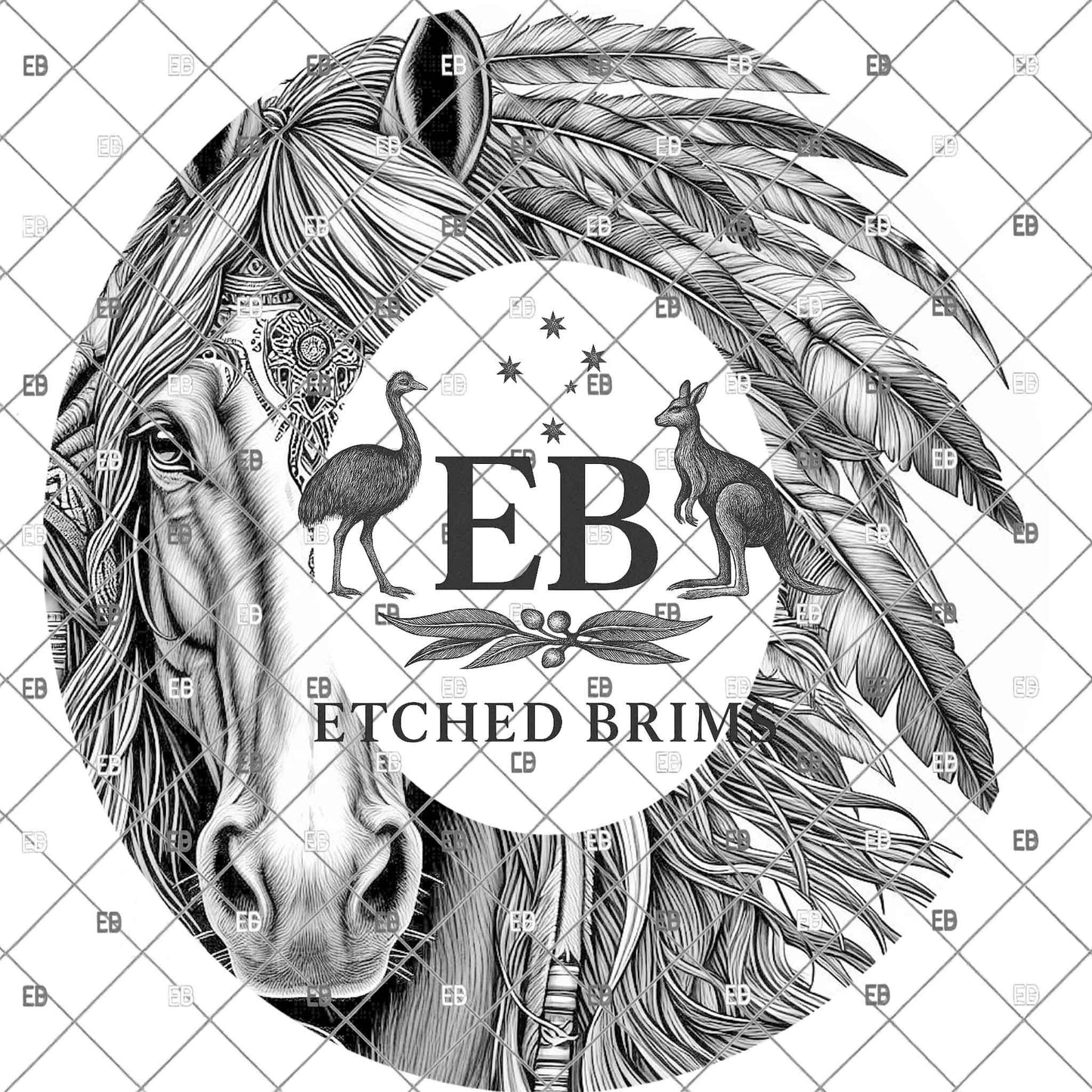Western Indian Horse, Hat Engraving Design, Native Feather Horse, Hat Burning Template, Hat Laser Stencil Design, EB1154