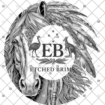 Western Indian Horse, Hat Engraving Design, Native Feather Horse, Hat Burning Template, Hat Laser Stencil Design, EB1154