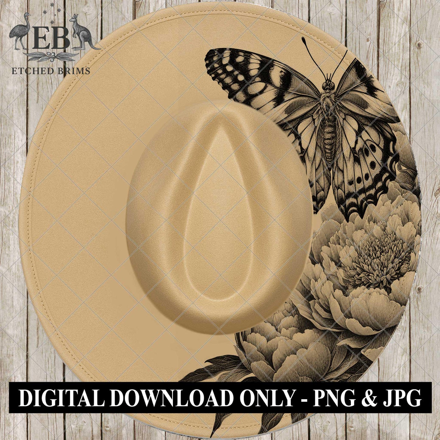 Peony Flowers Butterfly Half Hat Burning Design, Laser Engraving Template, Wide Brim Fedora, SVG & PNG, EB1001