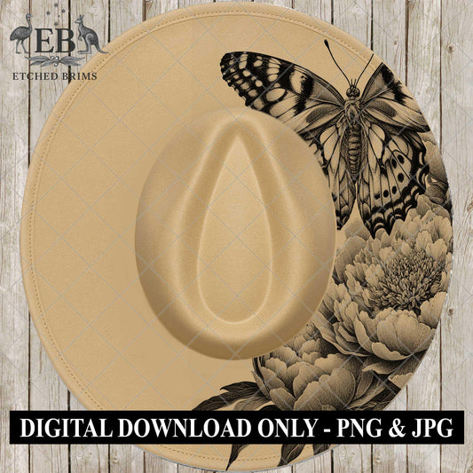 Peony Flowers Butterfly Half Hat Burning Design, Laser Engraving Template, Wide Brim Fedora, SVG & PNG, EB1001