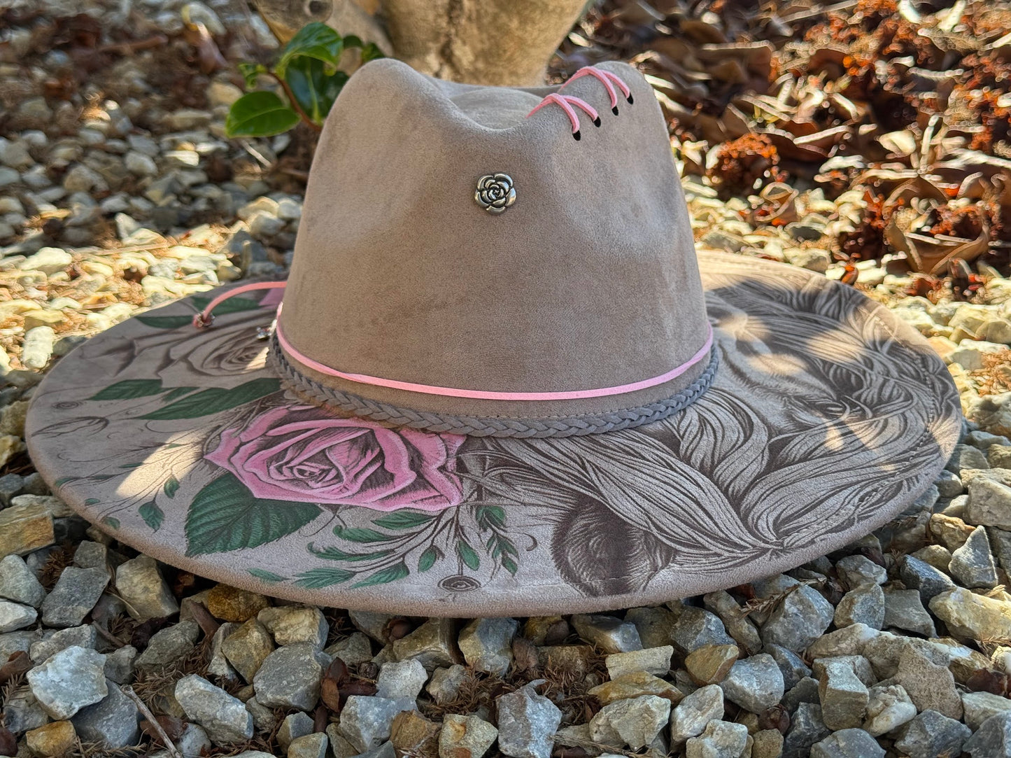 Wild Rose - EXCLUSIVE - Horse Engraved Wide Brim Hat, Vegan Suede Fedora Hat, Laser Engraved, Cowboy Hat, Burned Fedora, Cowgirl Design