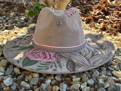 Wild Rose - EXCLUSIVE - Horse Engraved Wide Brim Hat, Vegan Suede Fedora Hat, Laser Engraved, Cowboy Hat, Burned Fedora, Cowgirl Design
