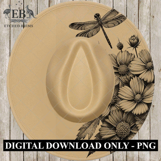 Dragonfly Flowers, Half Hat Burning Design, Hat Engraving Template, Laser Hat Design, Wide Brim Hat, Stencil for Hat Burning, PNG, EB885