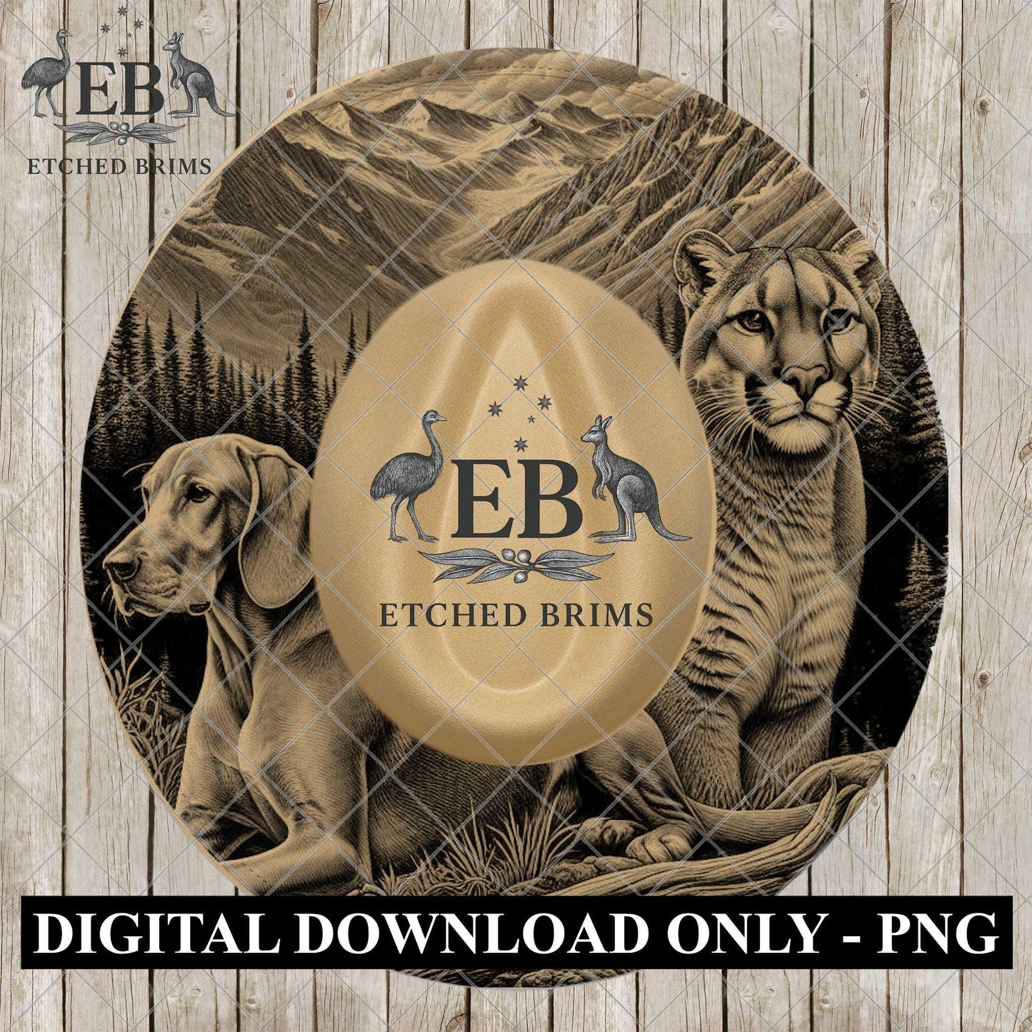 Hound Dog & Cougar, Hat Burning Design, Mountain Lion, Laser Engraving, PNG, PDF, Digital File for Burning Hats, EB1115