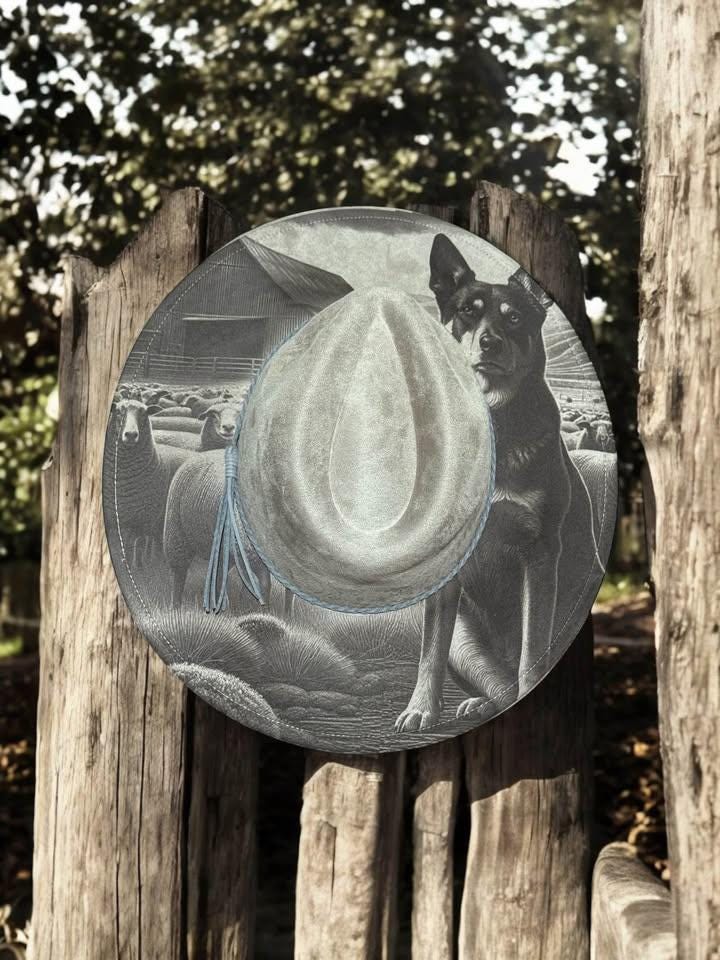 Sheepdog Spirit - Engraved Kelpie Wide Brim Hat, Vegan Suede Fedora Hat, Laser Engraved, Cowboy Hat, Burned Fedora, Kelpie Design