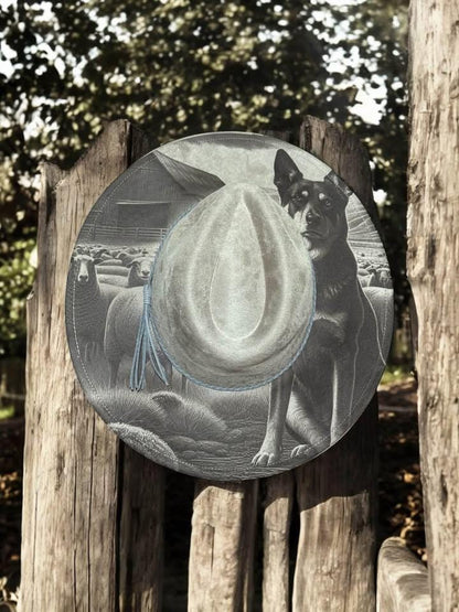Sheepdog Spirit - Engraved Kelpie Wide Brim Hat, Vegan Suede Fedora Hat, Laser Engraved, Cowboy Hat, Burned Fedora, Kelpie Design