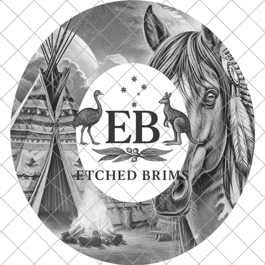 Indian Horse and Campfire, Hat Burning Template for Wide Brim Hats. PNG for Laser Engraving and PDF Burning Stencil for Hand Burning, EB953