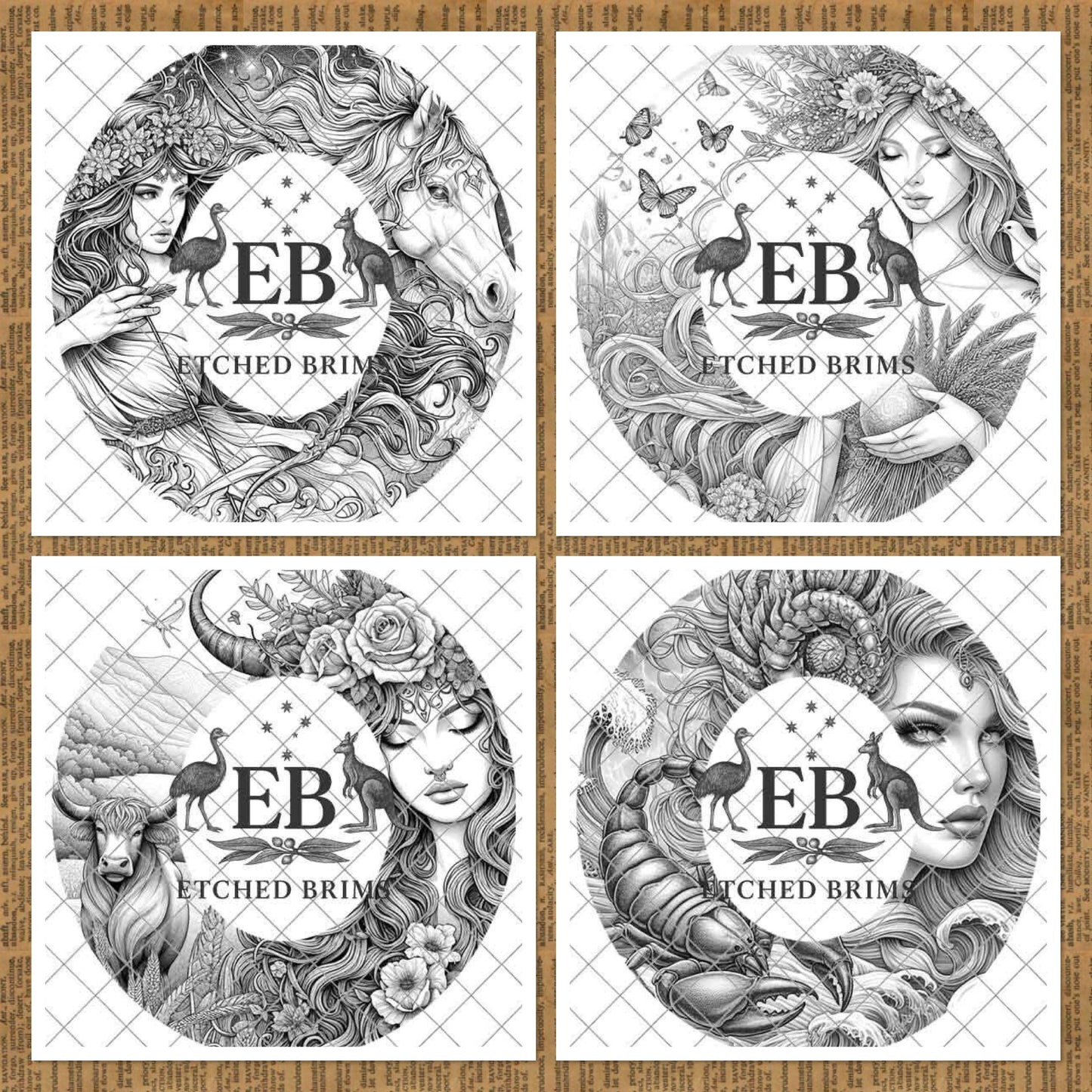 Zodiac Star Signs Hat Burning Templates Bundle. Laser Engraving Designs with PNG & Hat Hand Burning Stencils PDF. 12 Constellations EB303