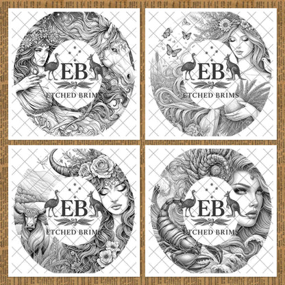 Zodiac Star Signs Hat Burning Templates Bundle. Laser Engraving Designs with PNG & Hat Hand Burning Stencils PDF. 12 Constellations EB303