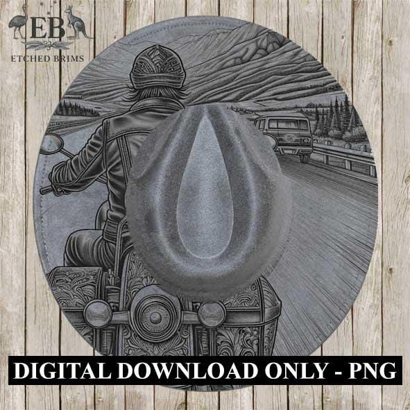 Hat Burning Design, Motorbike 6, Motorcycle Riding, Hat Engraving Template, Wide Brim Hat Design, Western Hat, Cowboy Hat, Laser File EB276