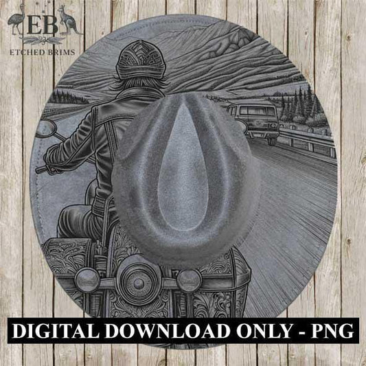 Hat Burning Design, Motorbike 6, Motorcycle Riding, Hat Engraving Template, Wide Brim Hat Design, Western Hat, Cowboy Hat, Laser File EB276