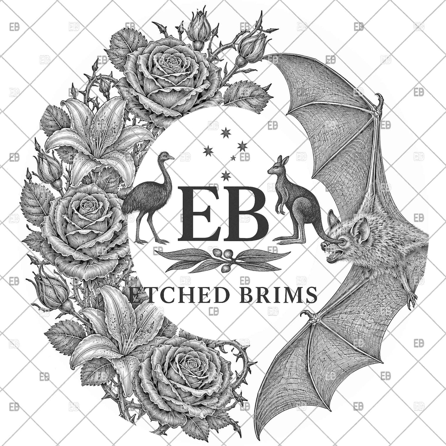 Bat Roses Lilies Laser Hat Burning Design, Digital Download PNG, Hat Burning Template, Hat Laser Engraving Design, Hat File EB1274