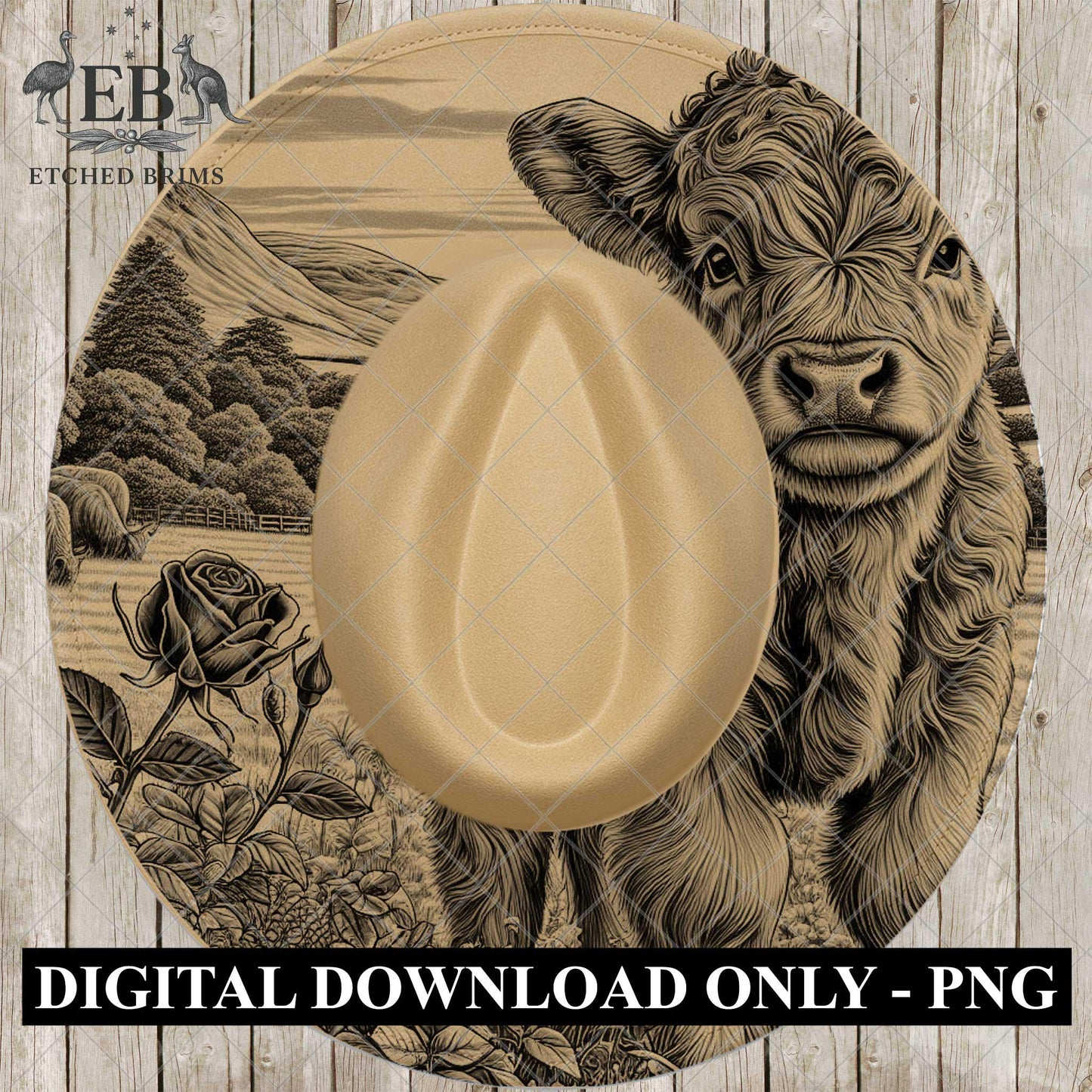 Highland Cow & Roses, Hat Burning Design, Burned Hat PNG, Pyrography Hat Design, Wide Brim Fedora Hat, Laser Hat Burning Design, EB863