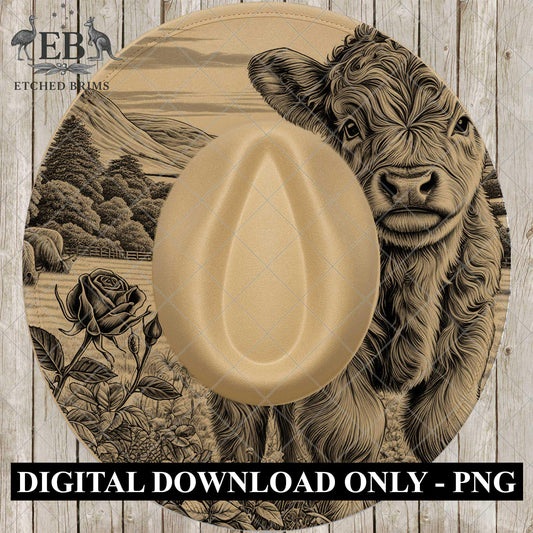 Highland Cow & Roses, Hat Burning Design, Burned Hat PNG, Pyrography Hat Design, Wide Brim Fedora Hat, Laser Hat Burning Design, EB863