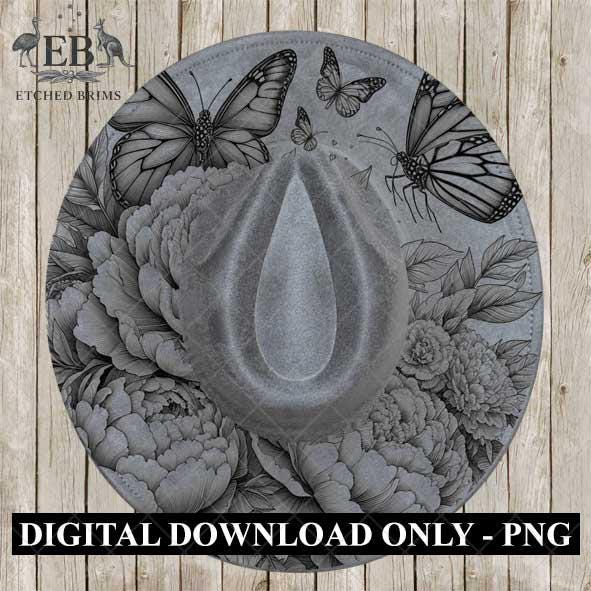 Peonies Flowers & Butterflies 1, Hat Burning Design, Hat Burning Stencil, Hat Burning Template, Hat Laser Engraving Design, Hat File EB447