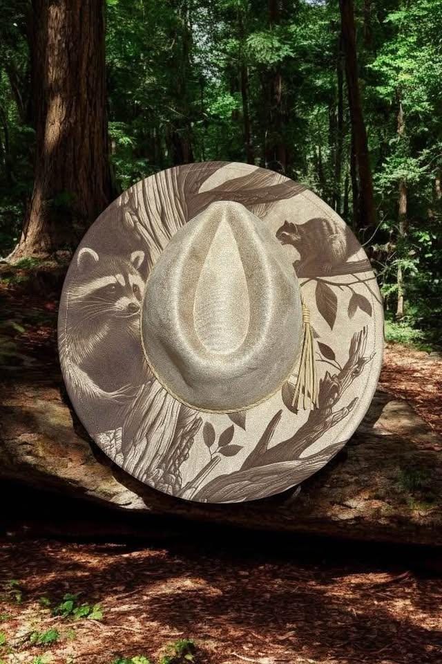 The Forager – Laser Engraved Raccoon Brim Hat, Wide Brim Hat, Vegan Suede Fedora Hat, Laser Engraved, Burned Fedora