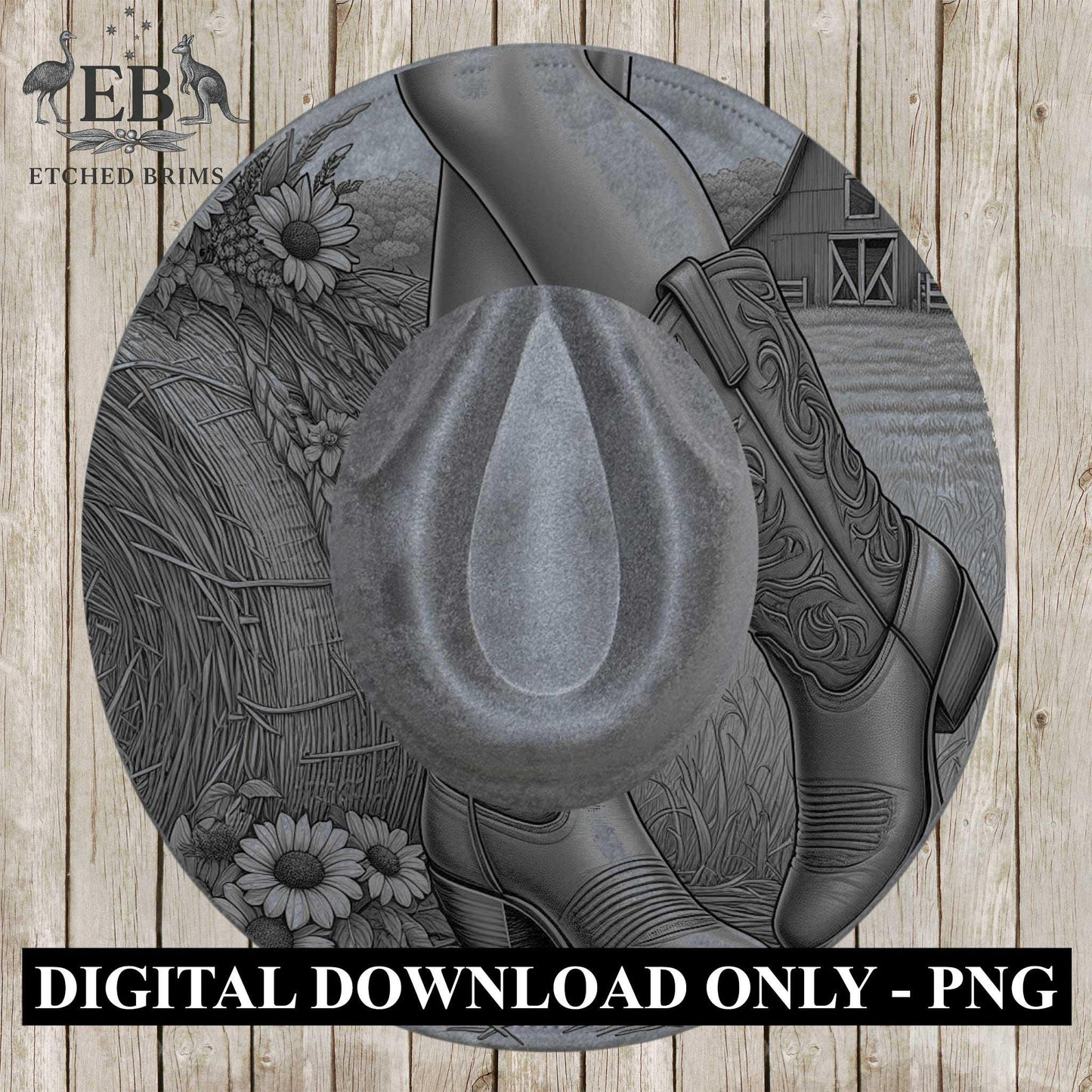 Cowgirl Boots & Sunflowers 3 Hat Burning Design, Western Brim PNG PDF Template, Digital Laser Design, Wide Brim Faux Suede Hat, EB633