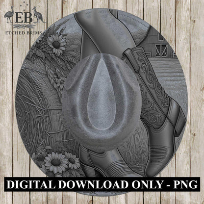 Cowgirl Boots & Sunflowers 3 Hat Burning Design, Western Brim PNG PDF Template, Digital Laser Design, Wide Brim Faux Suede Hat, EB633