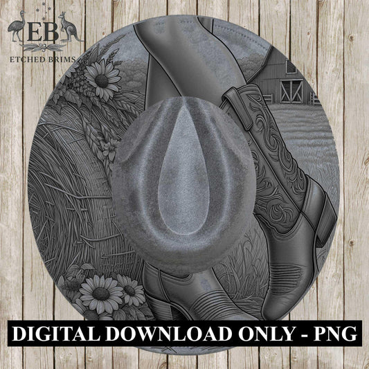 Cowgirl Boots & Sunflowers 3 Hat Burning Design, Western Brim PNG PDF Template, Digital Laser Design, Wide Brim Faux Suede Hat, EB633