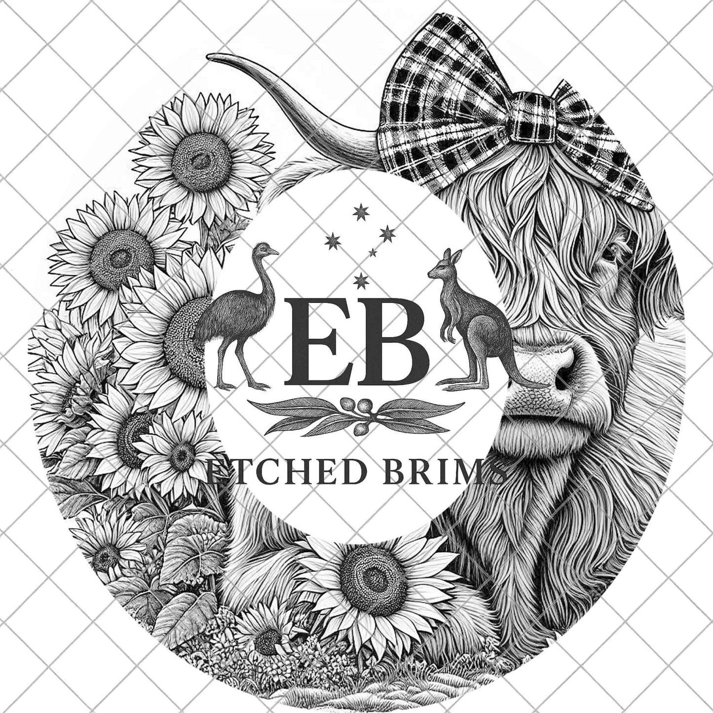 Highland Cow with Bow and Sunflowers, Hat Burning Design, Digital Download PNG, Hat Burning Template, Hat Laser Engraving Design, EB1070