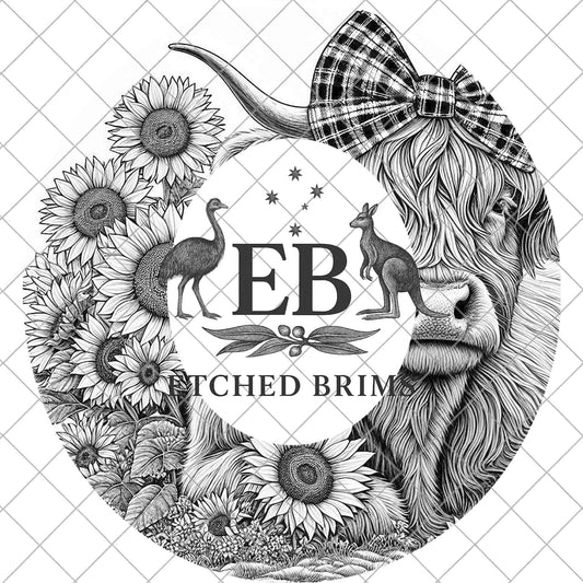 Highland Cow with Bow and Sunflowers, Hat Burning Design, Digital Download PNG, Hat Burning Template, Hat Laser Engraving Design, EB1070