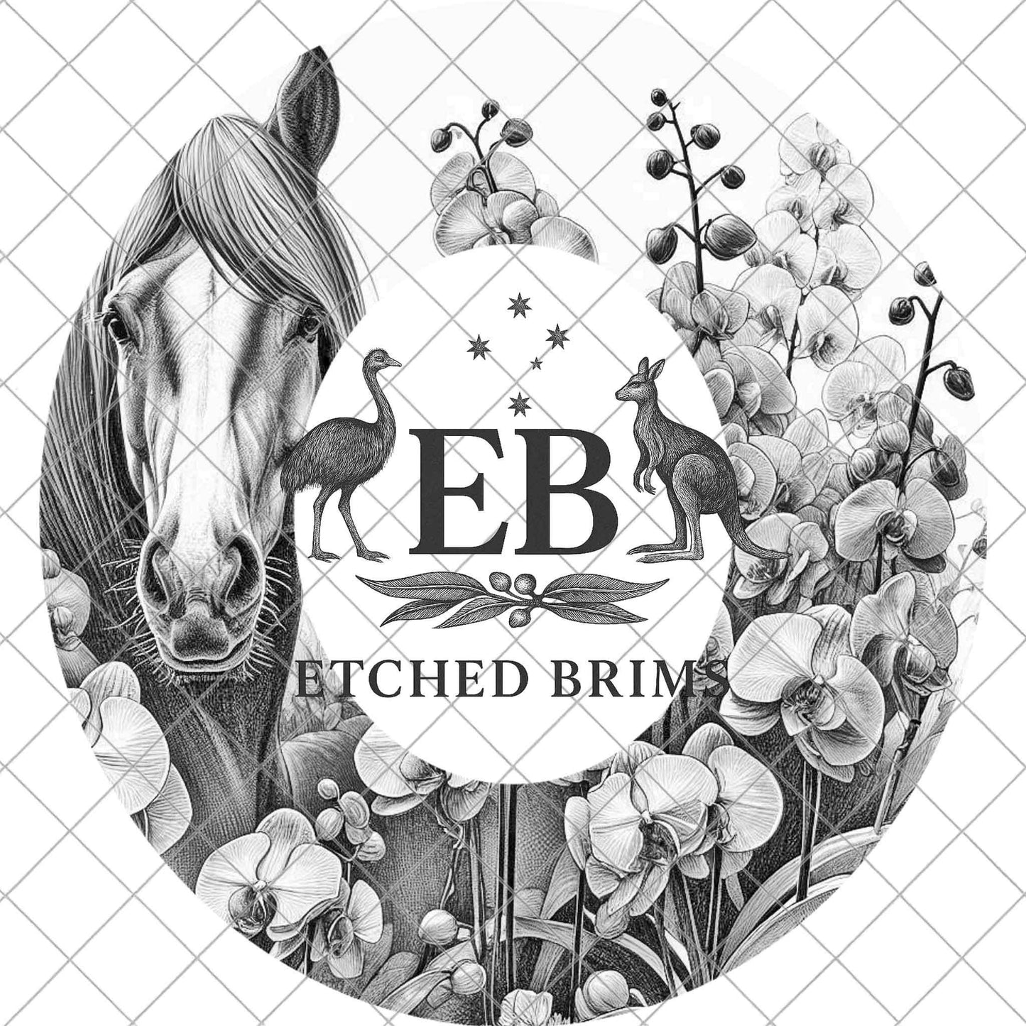 Horse & Orchid Flowers, Laser Hat Burning Design for Wide Brim Hats. Hat Burning Design, PNG and PDF Burning Stencil for Hand Burning, EB871