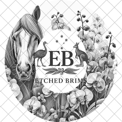 Horse & Orchid Flowers, Laser Hat Burning Design for Wide Brim Hats. Hat Burning Design, PNG and PDF Burning Stencil for Hand Burning, EB871