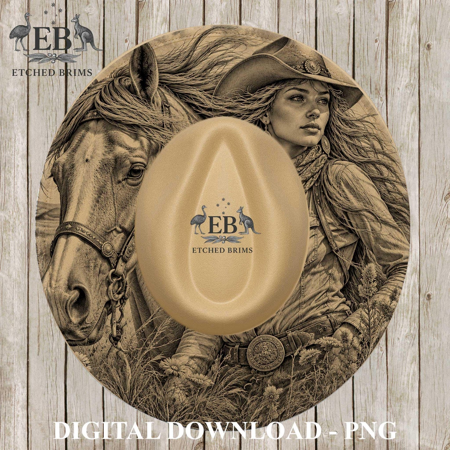 The image is a digital download of a cowboy hat featuring a woman and a horse.