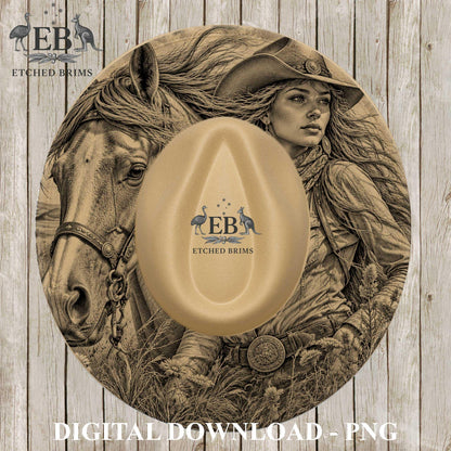 The image is a digital download of a cowboy hat featuring a woman and a horse.