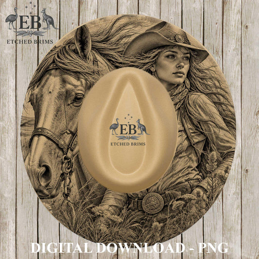 The image is a digital download of a cowboy hat featuring a woman and a horse.