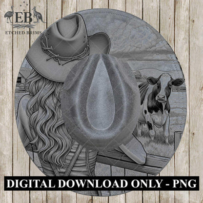 Cowgirl & Cow Farm 11, Hat Burning Design, Digital Download PNG, Hat Burning Template, Hat Laser Engraving Design, Wide Brim Hat File, EB652