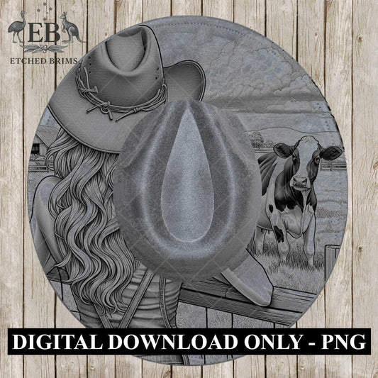 Cowgirl & Cow Farm 11, Hat Burning Design, Digital Download PNG, Hat Burning Template, Hat Laser Engraving Design, Wide Brim Hat File, EB652