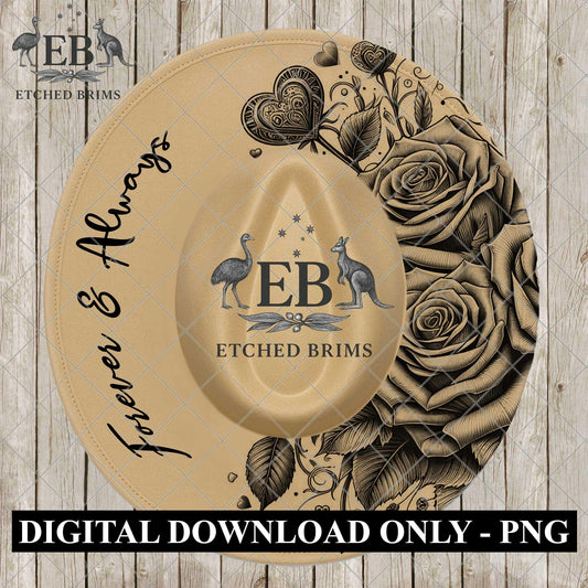 Roses & Hearts Valentine Quote, Hat Burning Design, Digital Download PNG, Wide Brim Laser Template Design, EB1122A