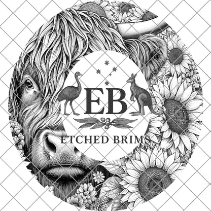 Highland Cow and Sunflowers 1, Hat Burning Design, Digital Download PDF & PDF for Hand Burning, Wide Brim Hat, Printable Hat Template, EB607