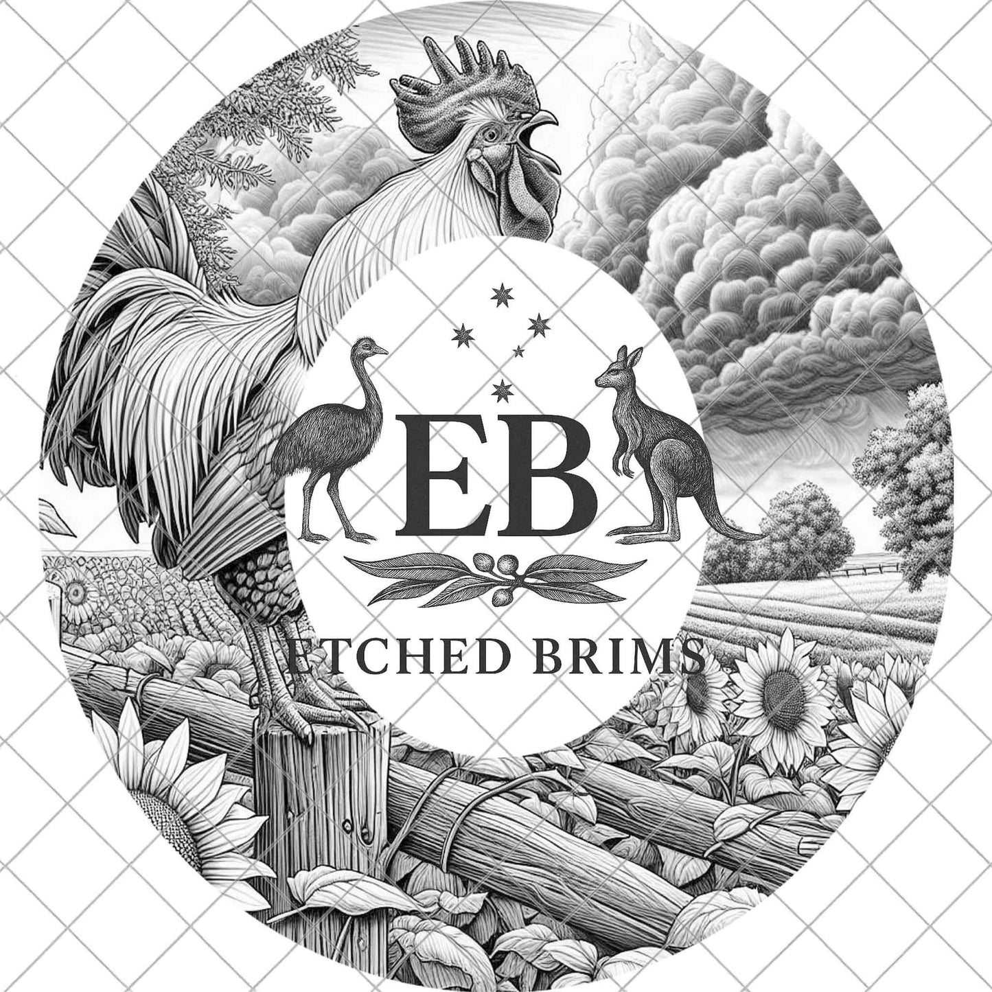 Crowing Farm Rooster & Sunflowers, Hat Burning Design, Wide Brim Hat Design, Digital Download PNG, PDF, Hat Burning Template, EB873