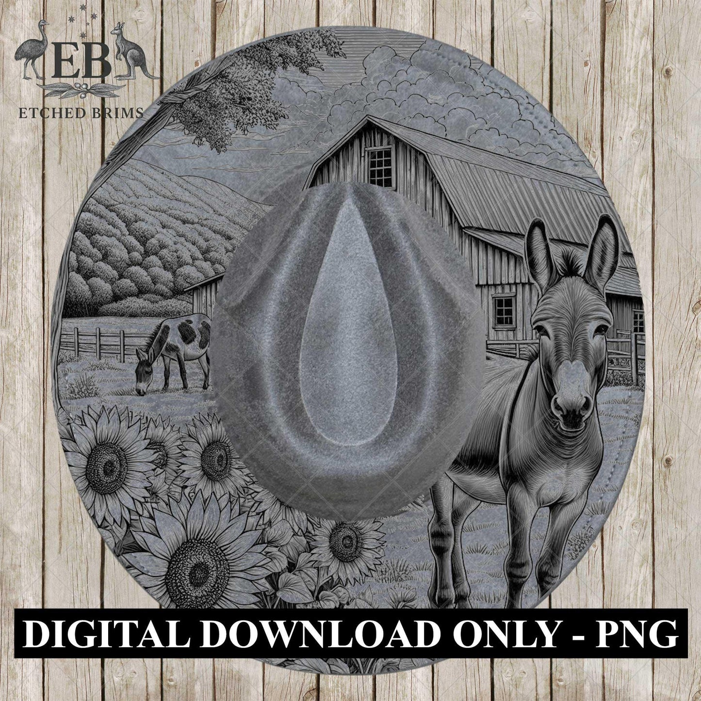 Donkey & Sunflowers 12, Hat Burning Template, Hat Burning Stencil, Hat Laser Engraving Design, Wide Brim Hat, Printable Hat Template, EB649