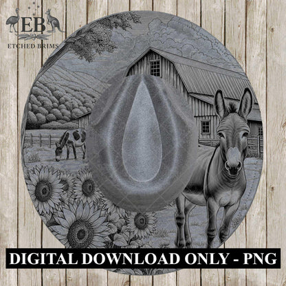 Donkey & Sunflowers 12, Hat Burning Template, Hat Burning Stencil, Hat Laser Engraving Design, Wide Brim Hat, Printable Hat Template, EB649
