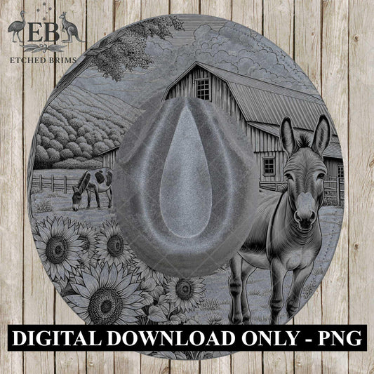 Donkey & Sunflowers 12, Hat Burning Template, Hat Burning Stencil, Hat Laser Engraving Design, Wide Brim Hat, Printable Hat Template, EB649