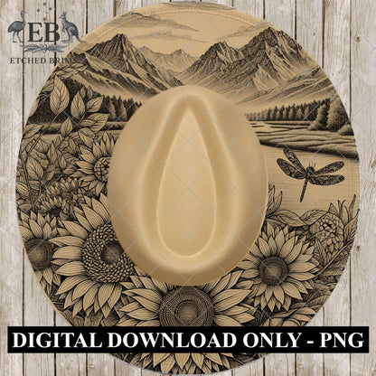 Dragonfly, Sunflowers, Mountain Scenery, Hat Burning Design, Laser Engraving Template, PNG, PDF included, EB989