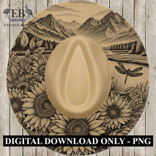 Dragonfly, Sunflowers, Mountain Scenery, Hat Burning Design, Laser Engraving Template, PNG, PDF included, EB989