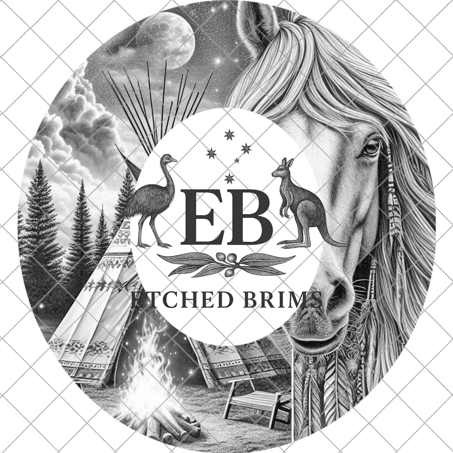 Moonlit Spirit Horse, Hat Burning Design for Wide Brim Hats. Western Laser Engraving Template for Fedora Hat, Tipi Campfire, EB957