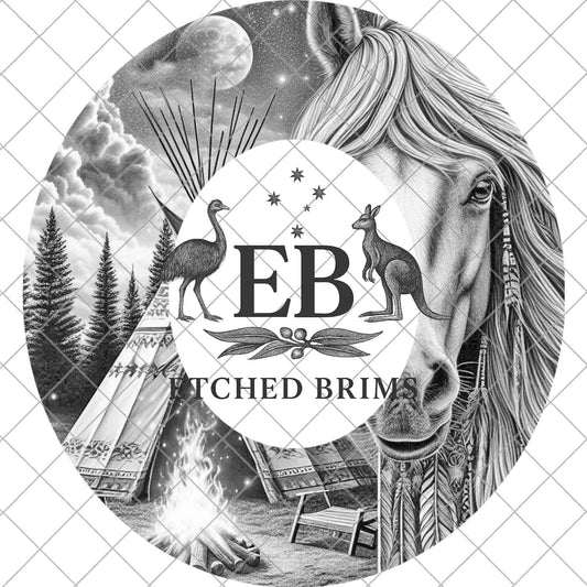 Moonlit Spirit Horse, Hat Burning Design for Wide Brim Hats. Western Laser Engraving Template for Fedora Hat, Tipi Campfire, EB957