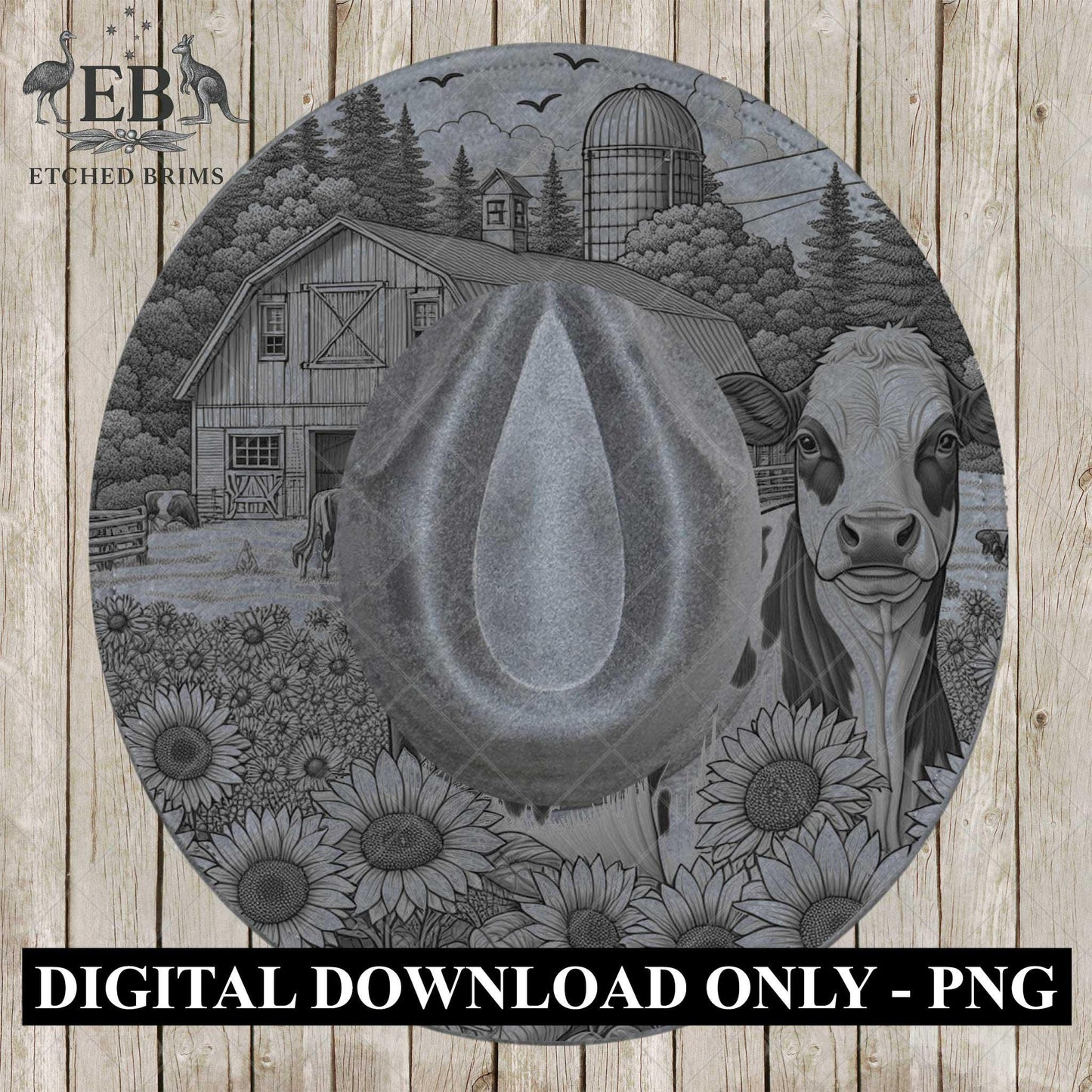 Farm Dairy Cow and Sunflowers 6, Hat Burning Design, Digital Download PDF & PDF Hand Burning, Wide Brim Hat, Printable Hat Template, EB610